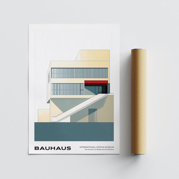 Bauhaus structure with neutral hues featured in geometric mid century modern art.