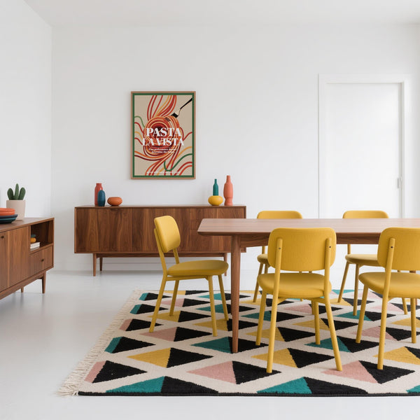 Dining room prints with a humorous pasta illustration and retro-modern flair.