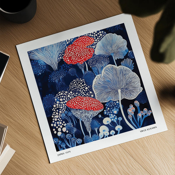 Dotted mushroom poster with deep blues and eye-catching organic forms.