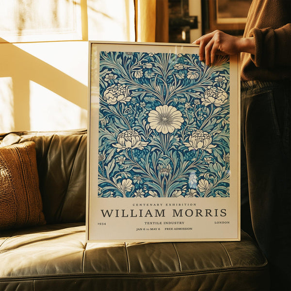 William Morris-style blue botanical prints with floral textures for office wall art