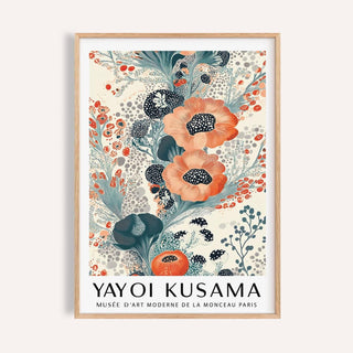 Framed floral poster wall art with orange and dark teal blooms and black speckled centres