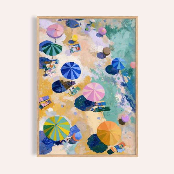 Beach Umbrellas Print with Blue, Beige, and Pink for living room poster