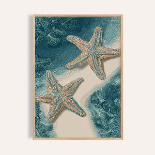 Framed underwater starfish print showing two illustrated starfish with blue and beige tones