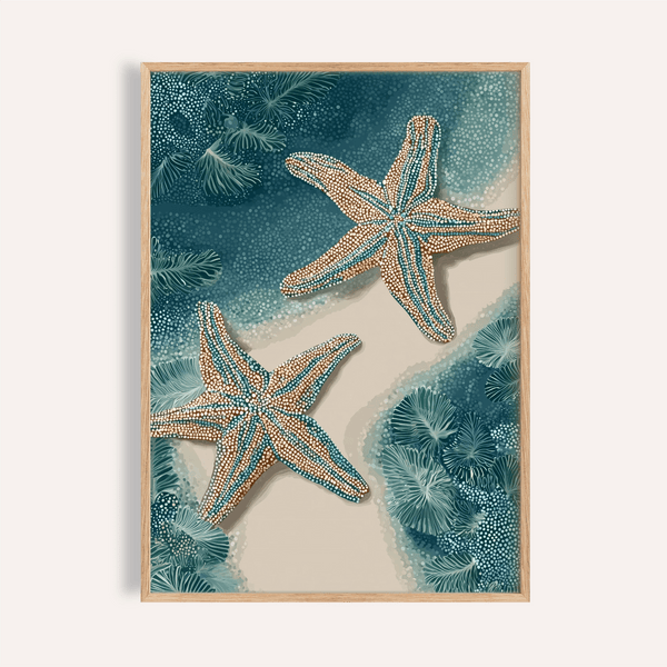 Underwater Starfish Print in Brown and Blue for beach living room wall art