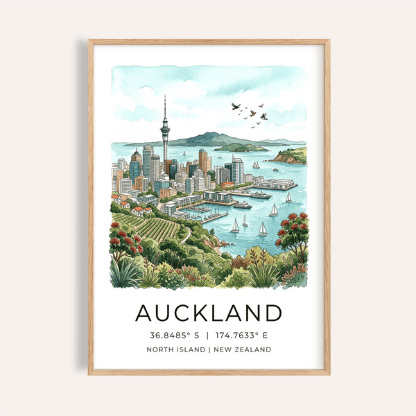 Auckland City Art Print of skyline with Sky Tower and harbor boats