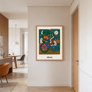 Central motif wall art print showing looping snake bodies layered over floral blooms and leaves