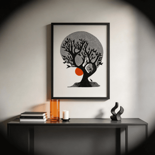 Graphic tree illustration wall art with branching limbs and orange sun