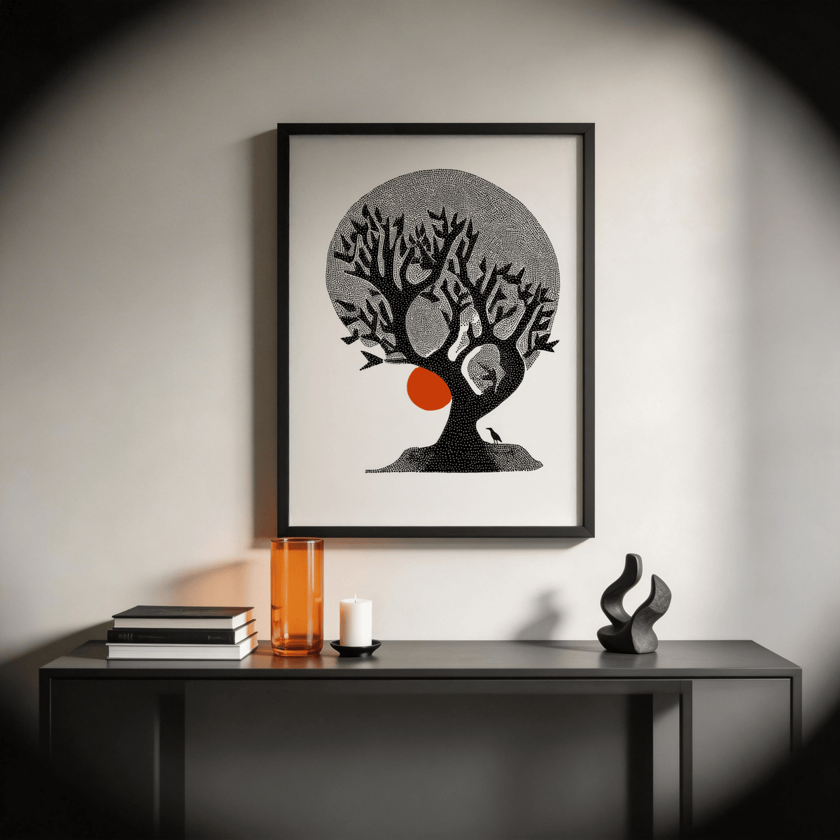 Graphic tree illustration wall art with branching limbs and orange sun