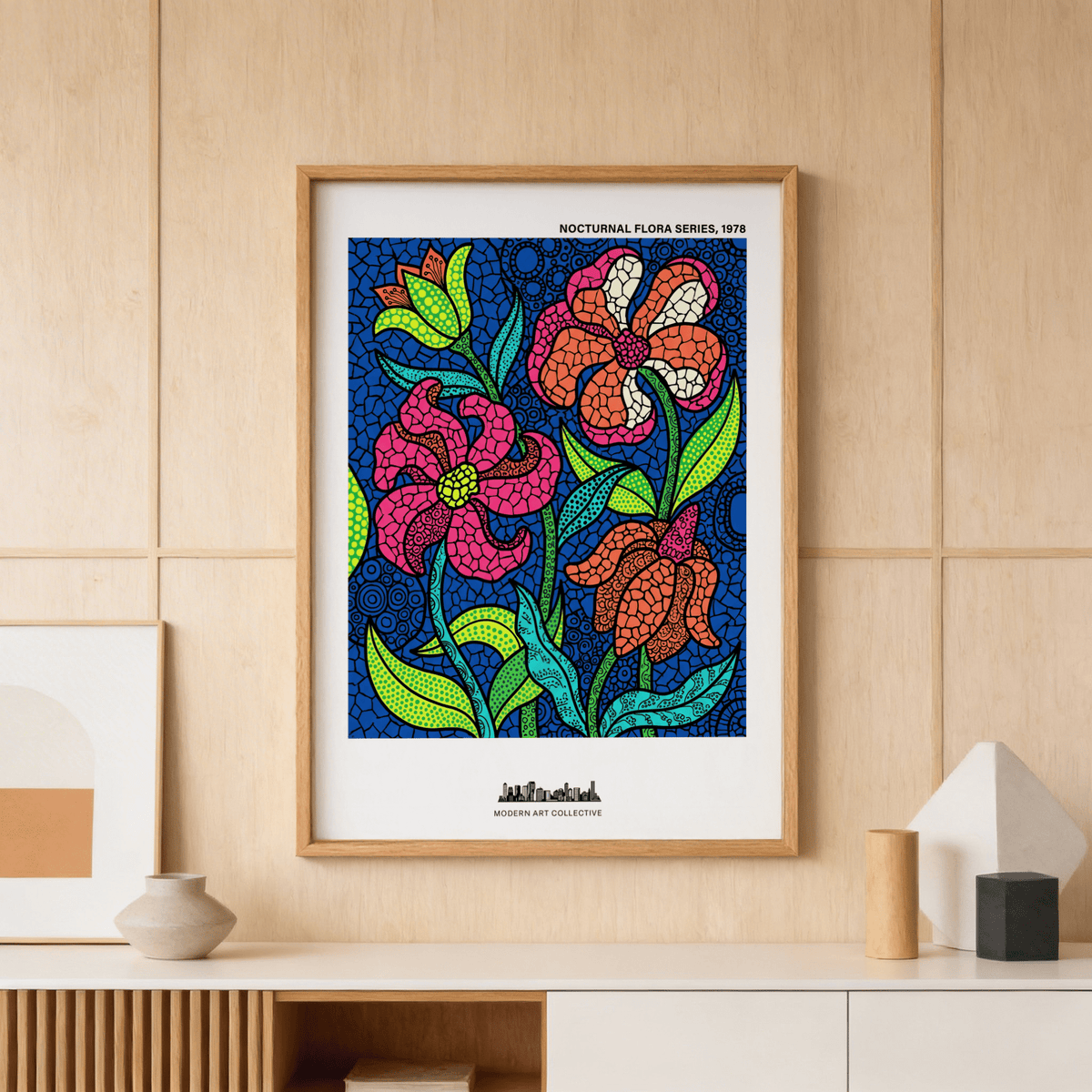 Graphic flower wall art print with thick black outlines and tiled textures