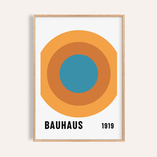 Framed Bauhaus Circle Poster with concentric circles in blue and orange on white background