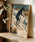 Unique Skiing Dog Art Print in Blue, Beige, and Black for ski chalet decor
