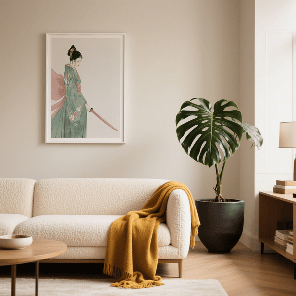 Side-view samurai-inspired woman poster with Pink and Green accents