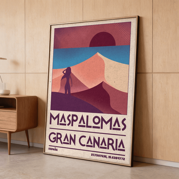 Graphic landscape wall print of Maspalomas with large sun and horizon
