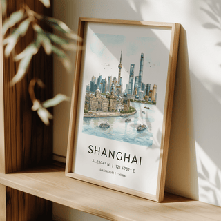 Panoramic Shanghai skyline print with tall towers and historic waterfront