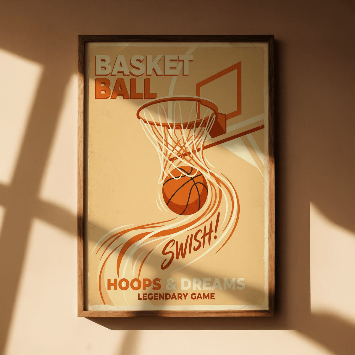Retro hoop illustration with curved net lines and SWISH typography