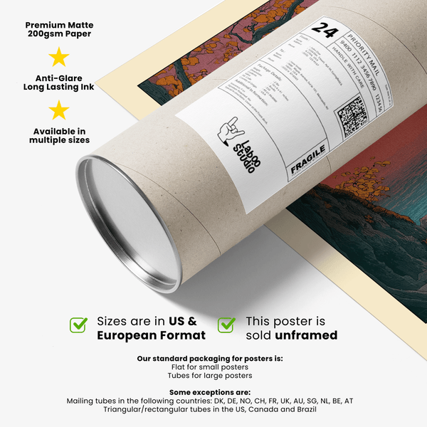 Hasui Kawase autumn lake artwork highlighting shoreline trees and soft hues