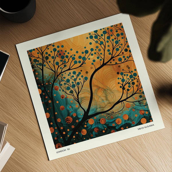 Warm amber orange and teal wall art print for stylish home office decor