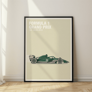 Minimalist motorsport wall art print showing side-profile Formula 1 car with number 22