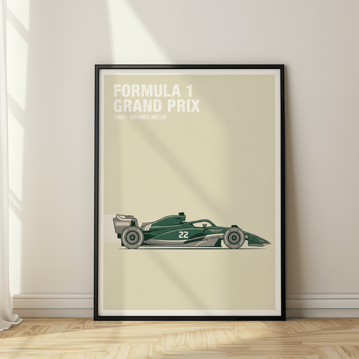 Minimalist motorsport wall art print showing side-profile Formula 1 car with number 22
