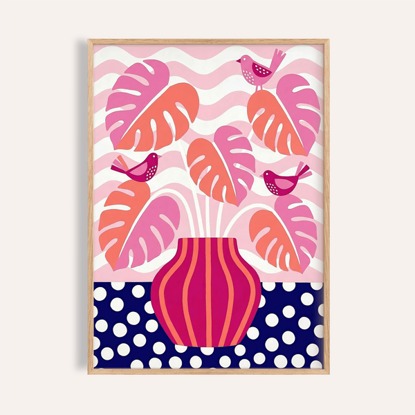 Tropical Plant Wall Art in Pink and Blue for living room print