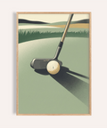 Close-up golf putter and ball wall art poster on putting green with long shadow