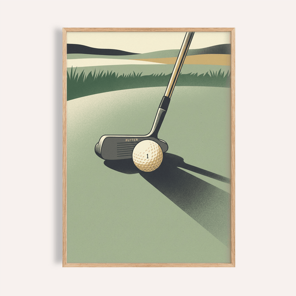 Close-up golf putter and ball wall art poster on putting green with long shadow