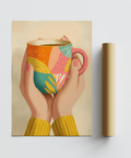 Cozy Colorful Coffee Mug Art wall art with yellow and pink for home cafe space