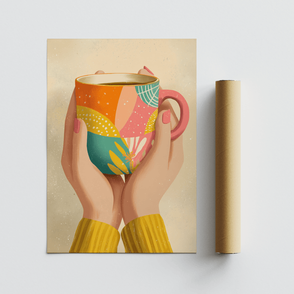 Cozy Colorful Coffee Mug Art wall art with yellow and pink for home cafe space