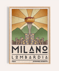 Milano Art Print showcasing retro skyline with sunburst rays
