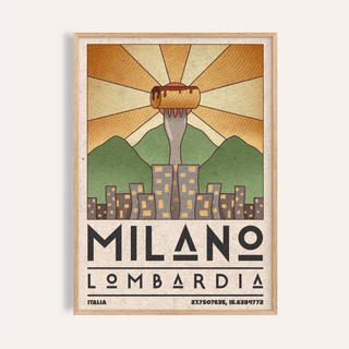 Milano Art Print showcasing retro skyline with sunburst rays