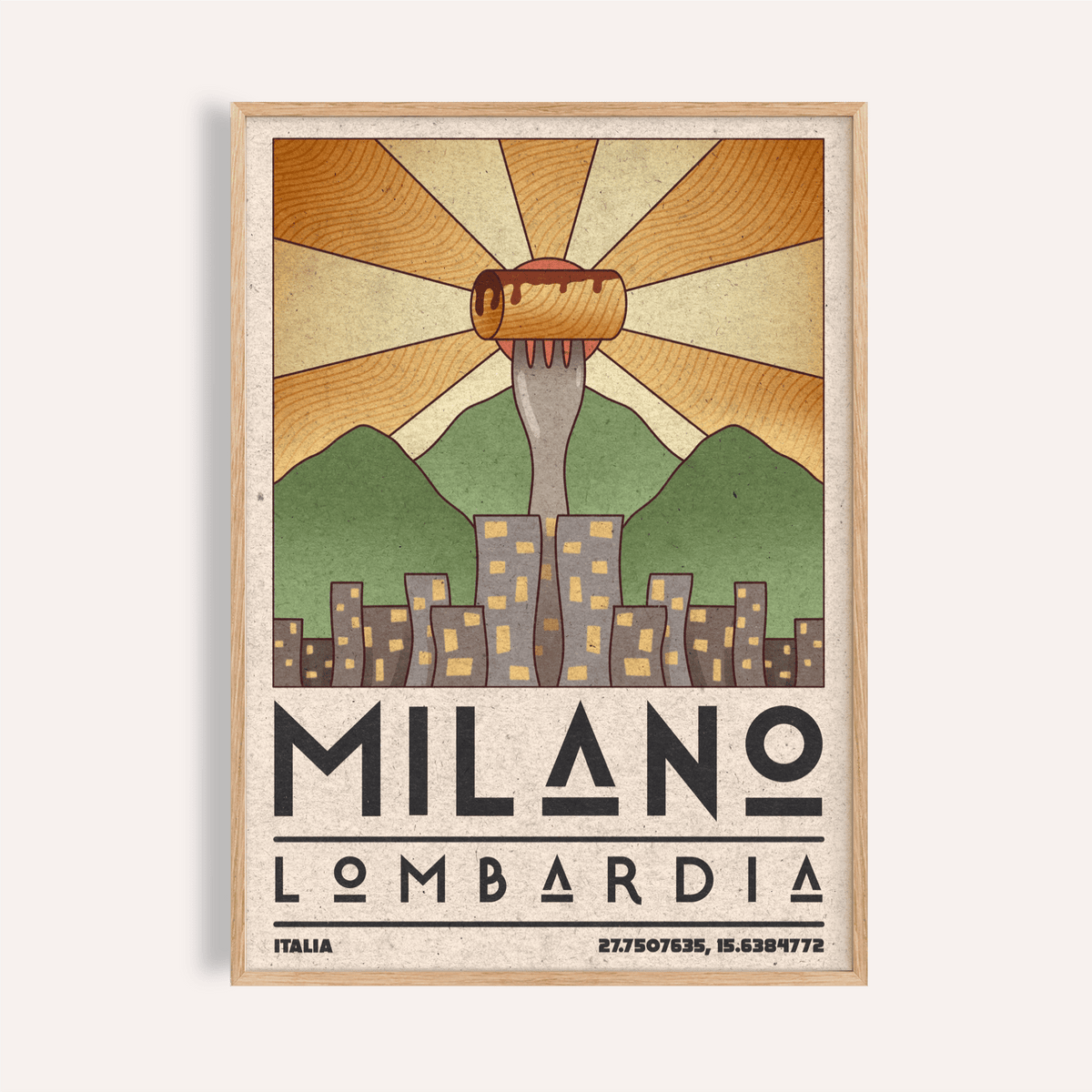Milano Art Print showcasing retro skyline with sunburst rays