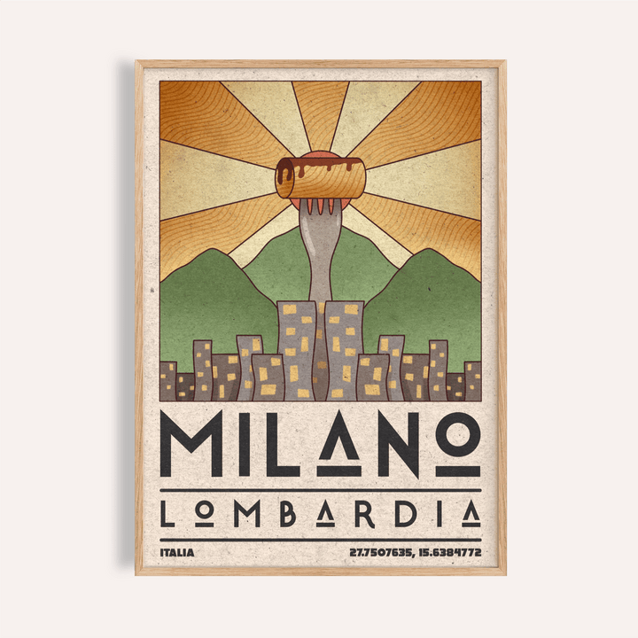Milano Art Print showcasing retro skyline with sunburst rays