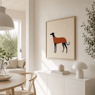 Slim greyhound silhouette poster with curved tail and long legs