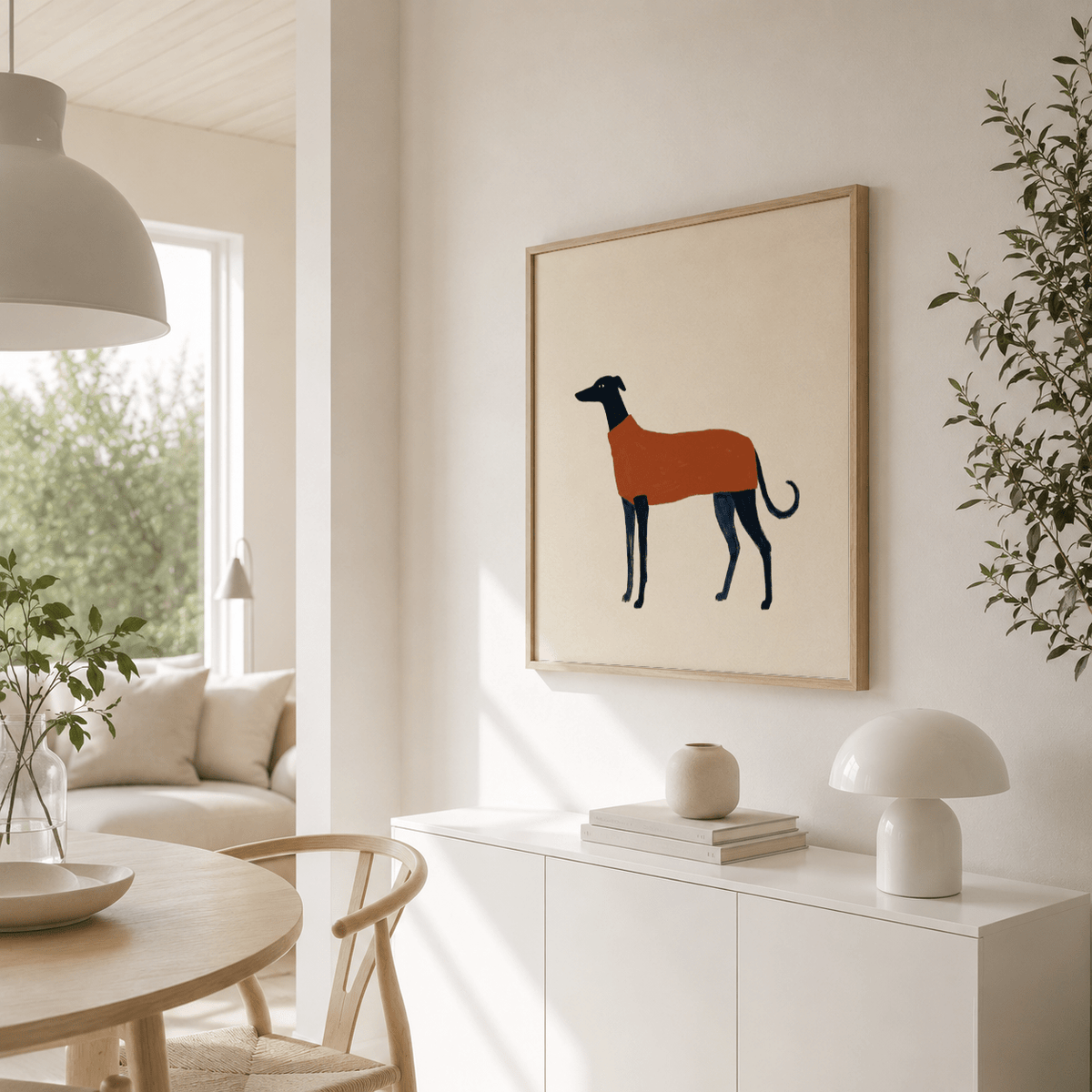 Slim greyhound silhouette poster with curved tail and long legs