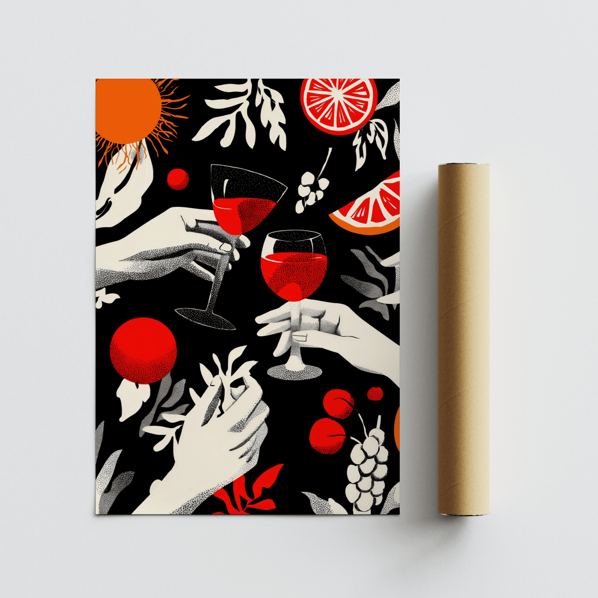 Celebration Wall Art showing hands clinking wine glasses with citrus and leaves