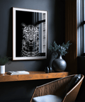 Gallery-style Black Leopard Art Print with crisp leopard portrait in monochrome