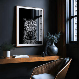 Gallery-style Black Leopard Art Print with crisp leopard portrait in monochrome