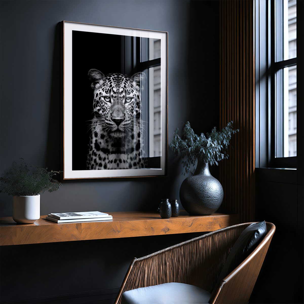 Gallery-style Black Leopard Art Print with crisp leopard portrait in monochrome