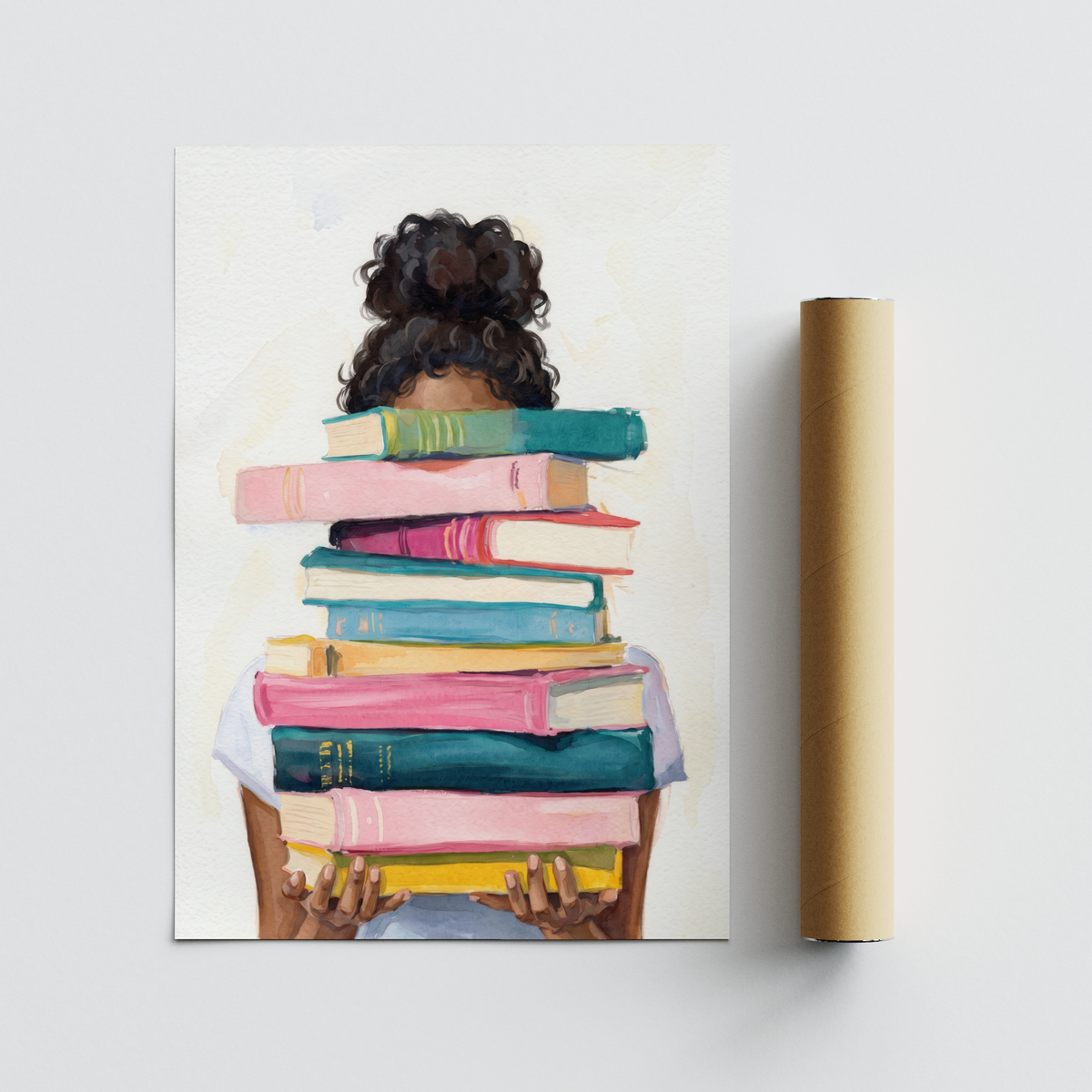 Whimsical Book Lover Art Print with a towering stack of books covering the face, watercolor wall art