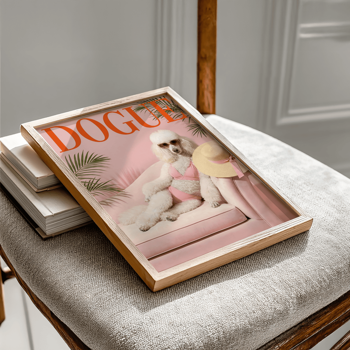 Sexy Poodle Print highlighting a poodle in Pink on a Beige sofa for wall art