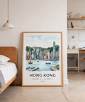 Panoramic Hong Kong Skyline Art Print with skyscrapers, green hillside, and open sky