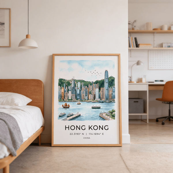Panoramic Hong Kong Skyline Art Print with skyscrapers, green hillside, and open sky