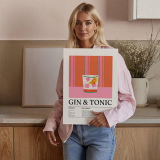 Kitchen art showcasing a recipe for gin and tonic with playful colors.