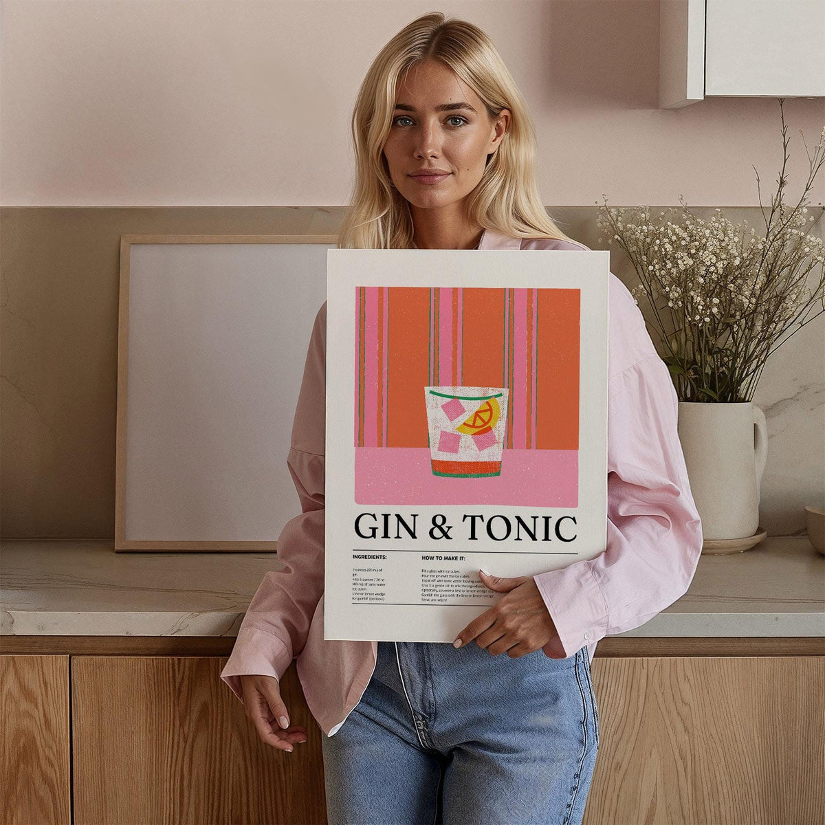 Kitchen art showcasing a recipe for gin and tonic with playful colors.