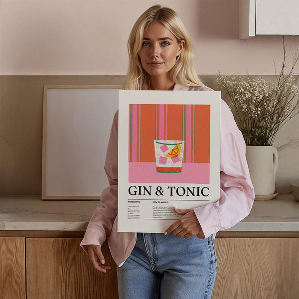 Kitchen art showcasing a recipe for gin and tonic with playful colors.