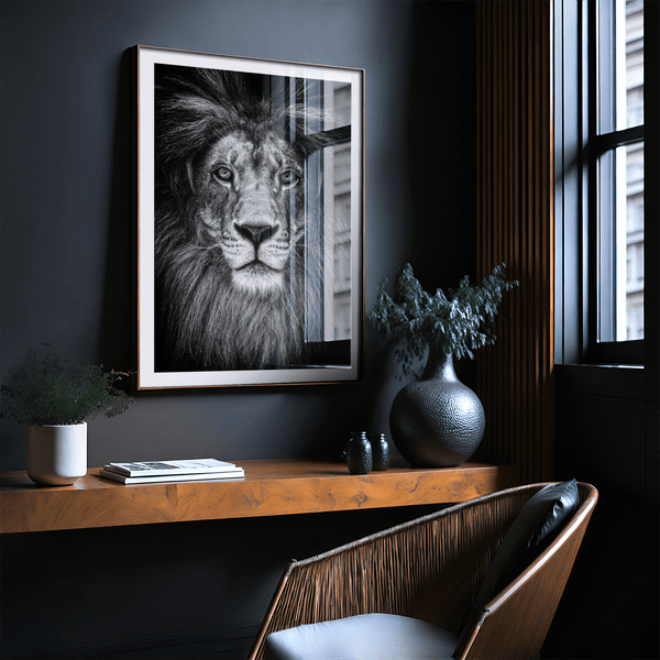 Centered lion portrait wall art emphasizing eyes and nose detail
