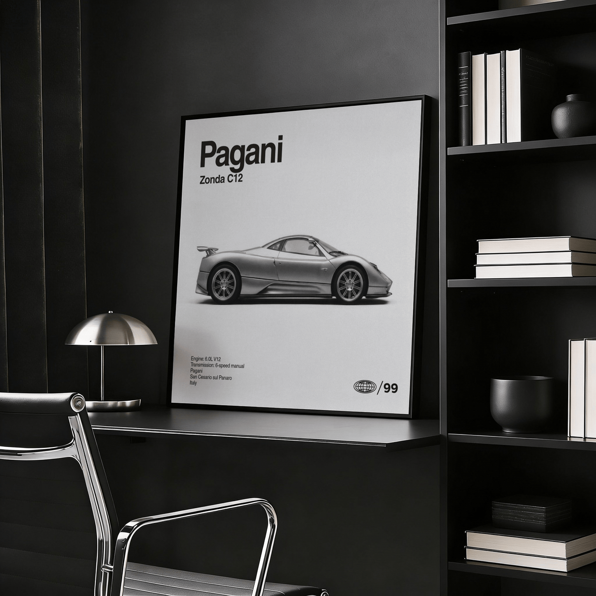 Pagani Zonda Print showing Gray, White, and Black tones for living room