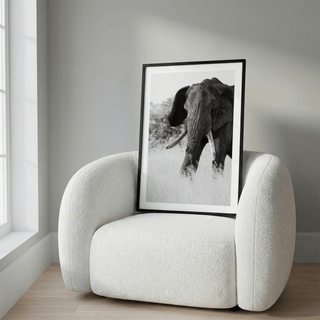 Framed mockup of Elephant Black and White Art Print with centered elephant portrait