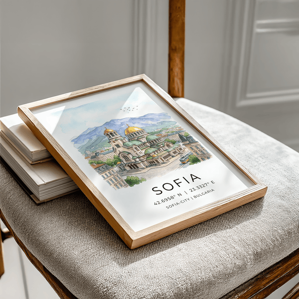 Travel typography wall art for Sofia with coordinates and Bulgaria label
