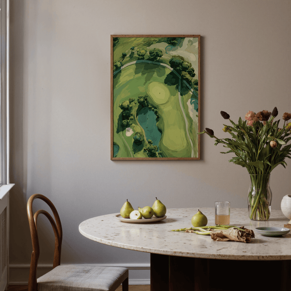 Aerial Golf Landscape Poster with curved fairway, clustered trees, and sand bunkers